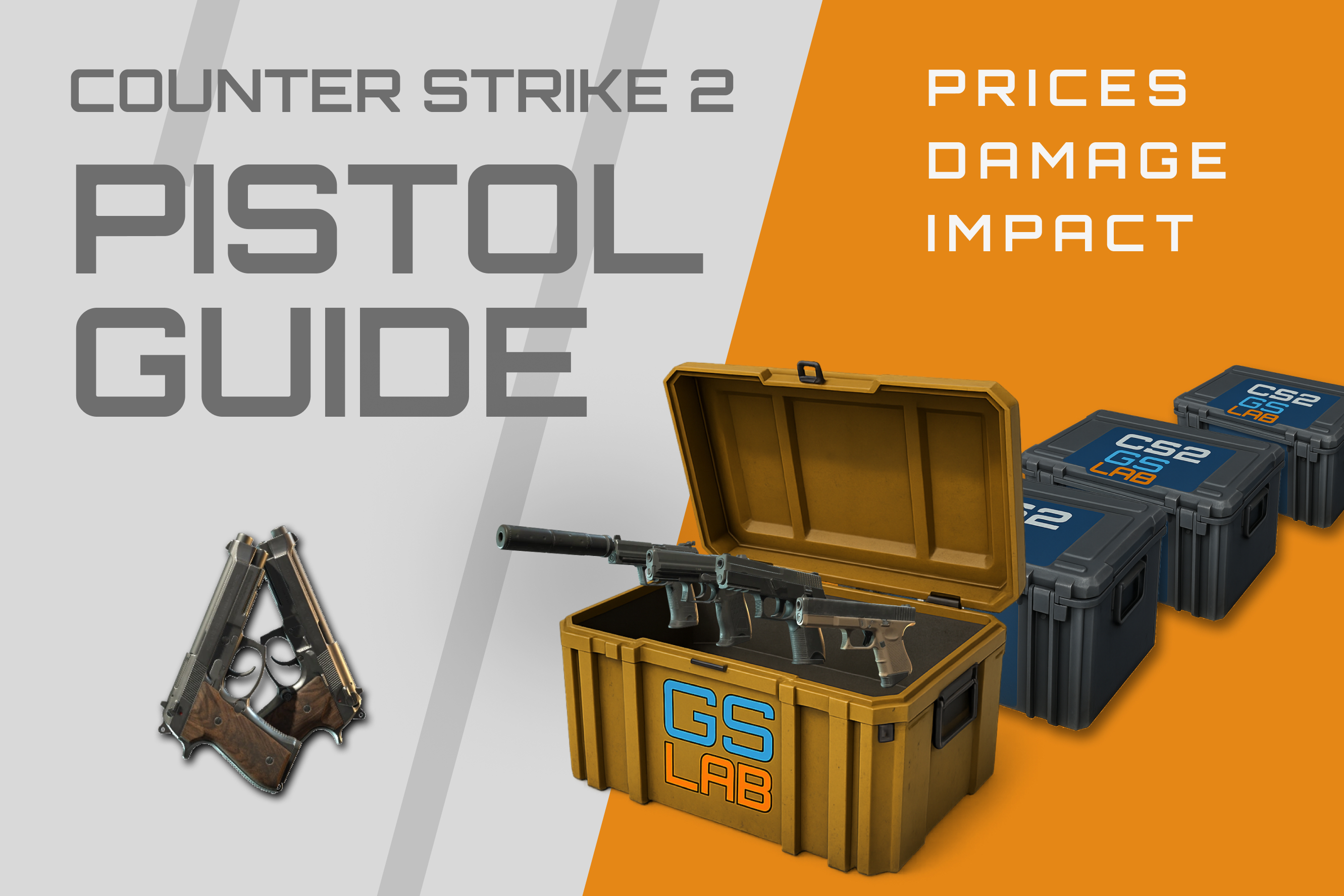 Counter-Strike 2 pistol guide infographic featuring weapon prices, damage stats, and impact details with GS Lab branding.